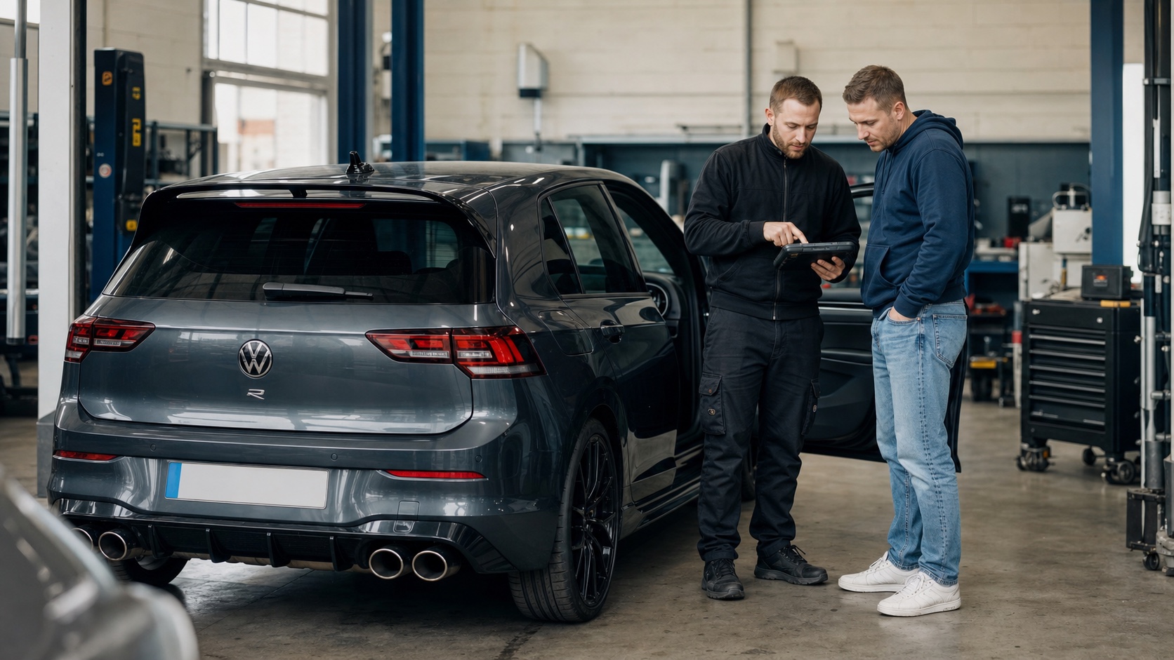 A Swaptune partner explains a Volkswagen Golf diagnostic to its customer