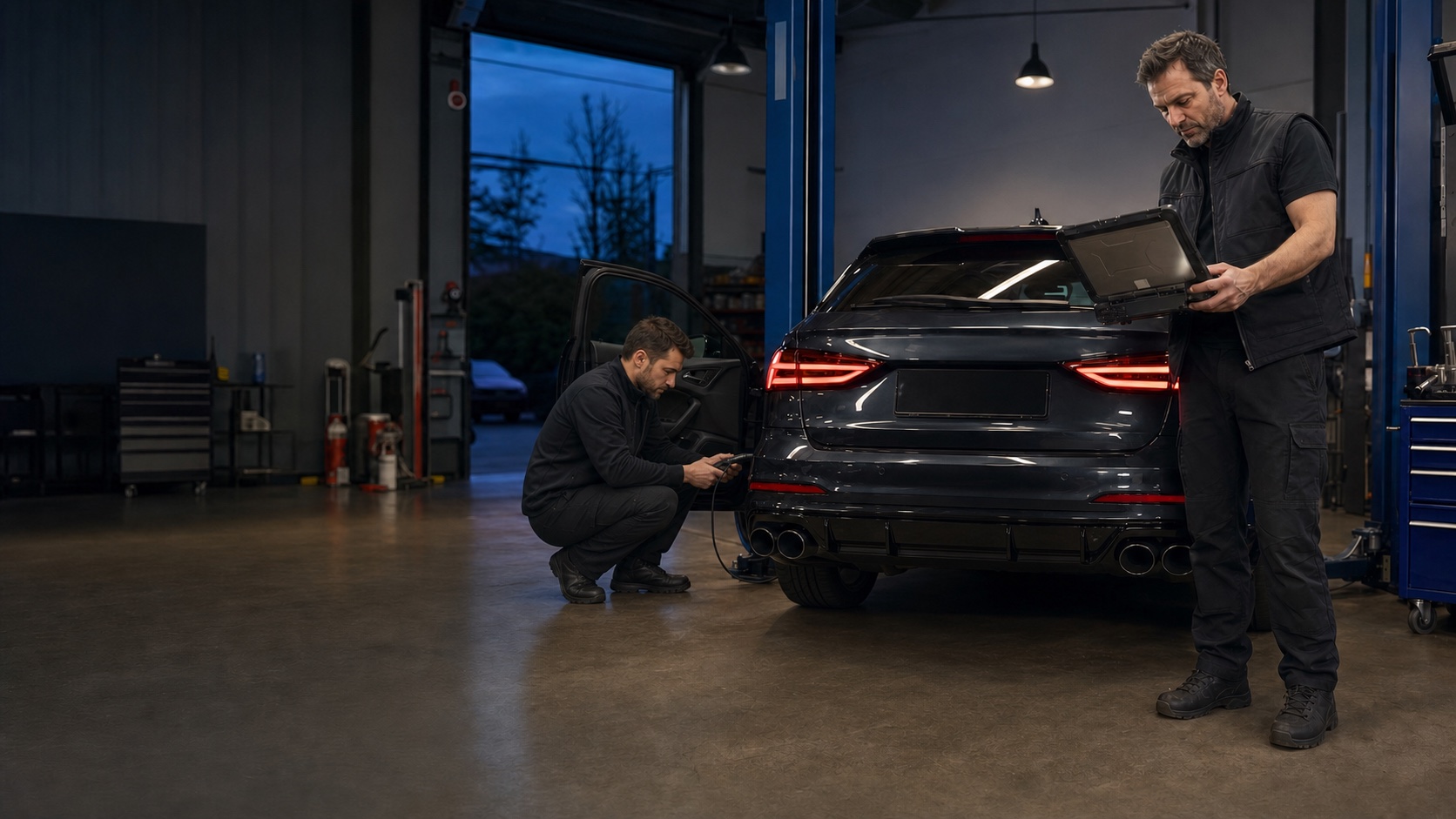 Two professionals diagnosing a vehicle in an automotive workshop